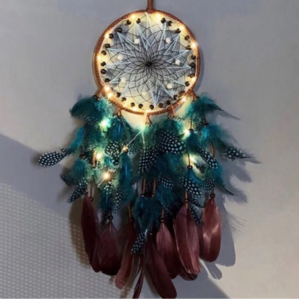 Light Up Teal and Burgundy Feather Dreamcatcher Wall Hanging